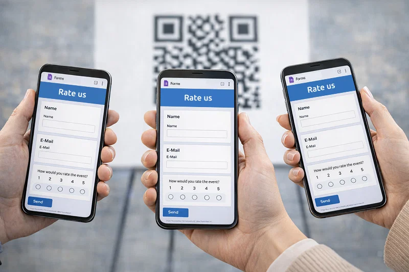 Mehrere Personen scannen einen QR Code mit einem Smartphone